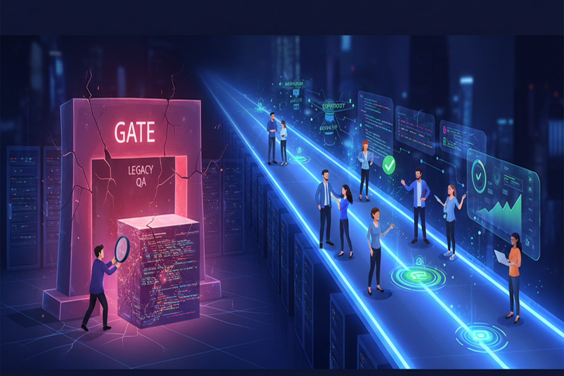 A modern, continuous QA pipeline replacing an old-fashioned gatekeeper